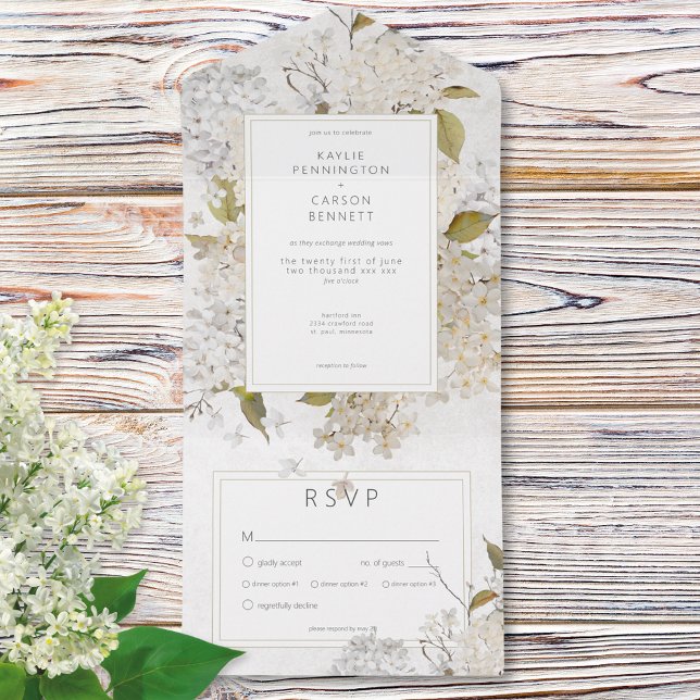 Rustic Romantic White Lilacs sobre Janto Branco (Rustic Romantic White Lilacs on White Dinner All In One Invitation)