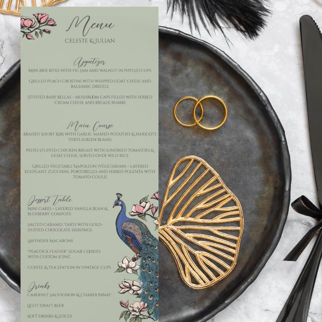 Rustic Sage Green Floral Peacock Bird Menu Casamen (Rustic Sage Green Peacock Chinoiserie Wedding Menu for Wedding, Bridal Shower, Rehearsal Dinner.)
