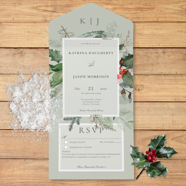 Rustic Sage Winter Holly & Pine Detalhes (Rustic Sage Winter Holly & Pine Details All In One Invitation)