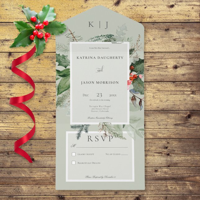 Rustic Sage Winter Holly & Pine No Janta (Also available with a QR code or with dinner selection options.)