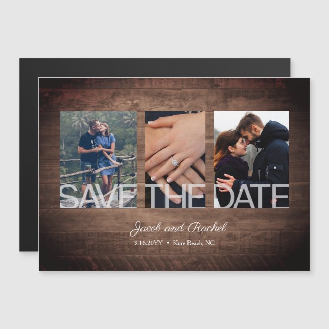 Rustic Save the Date 3-Photo Collage Magnet (Frente/Verso)