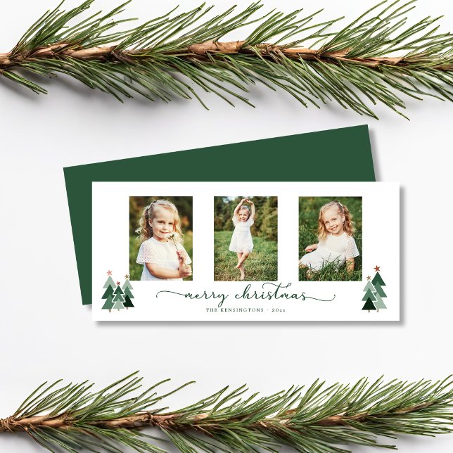 Rustic Script Christmas Tres Holiday 3 Photo (Rustic Script Christmas Trees Holiday 3 Photo Card)