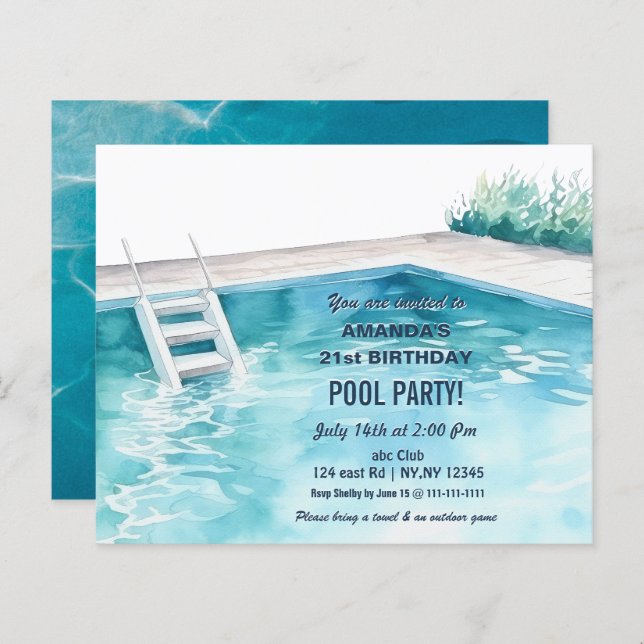Rustic Summer Swimming Pool Party Birthday  Invite (Frente/Verso)