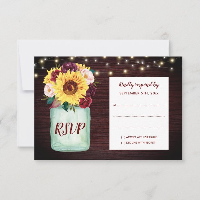 Rustic Sunflower Mason Jar Wood Weding RSVP (Frente)
