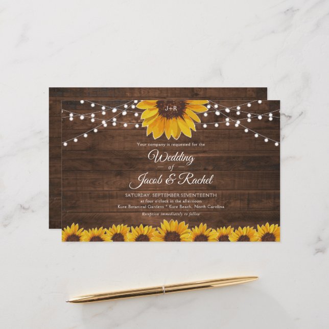 Rustic Sunflower String Lights Convite De Casament (Frente/Verso In Situ)