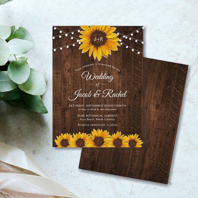 Rustic Sunflower String Lights Convite De Casament (Criador carregado)