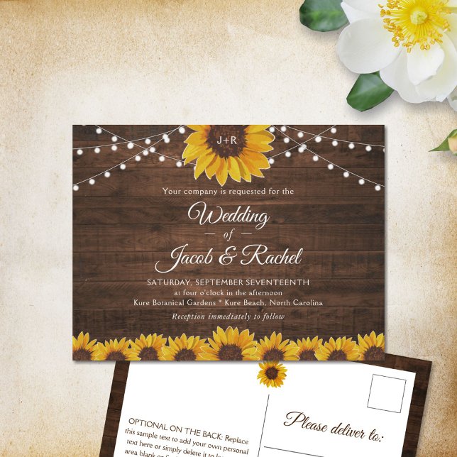 Rustic Sunflower String Lights Convite De Casament (Criador carregado)