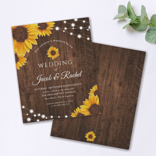 Rustic Sunflower String Lights Convite De Casament (Criador carregado)