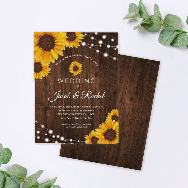 Rustic Sunflower String Lights Convite De Casament (Criador carregado)