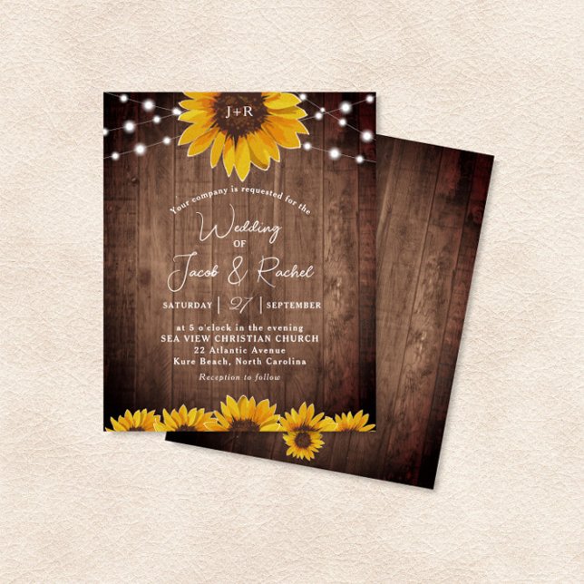 Rustic Sunflower String Lights Convite De Casament (Criador carregado)