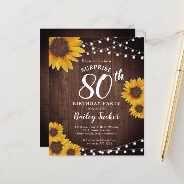 Rustic Sunflower Surprise 80 Aniversário Invite (Frente/Verso In Situ)