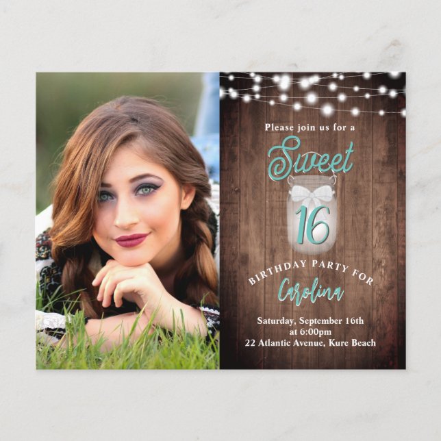 Rustic Sweet 16 Mason Jar Teal Birthday Convite (Frente)