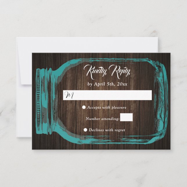 Rustic Teal Wood Hearts Mason Jar Wedding RSVP (Frente)