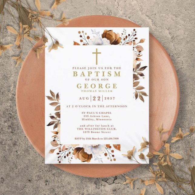 Rustic Terracotta Floral Fall Baptism Convite (Rustic Terracotta Floral Fall Baptism Invitation Postcard)