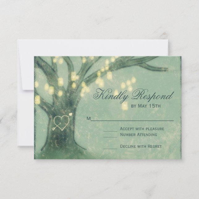 Rustic Tree Mason Jar Lights Weding RSVP Card (Frente)
