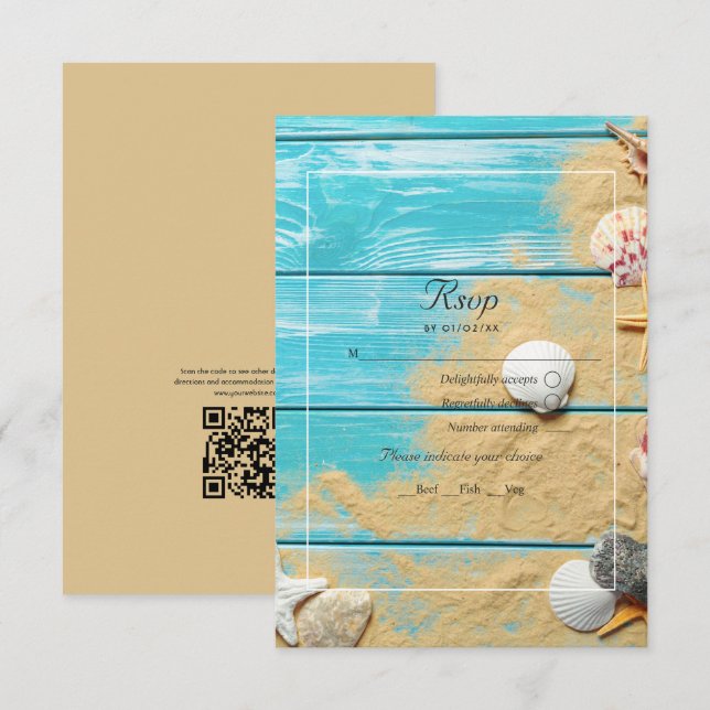 Rustic Turquoise QR Code RSVP Beach Weding (Frente/Verso)