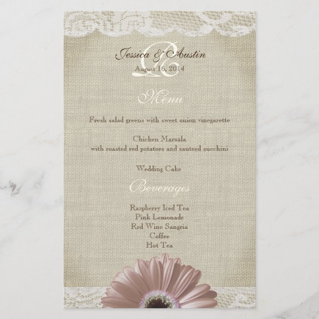 Rustic Vintage Pink Daisy and Lace Menu (Frente)
