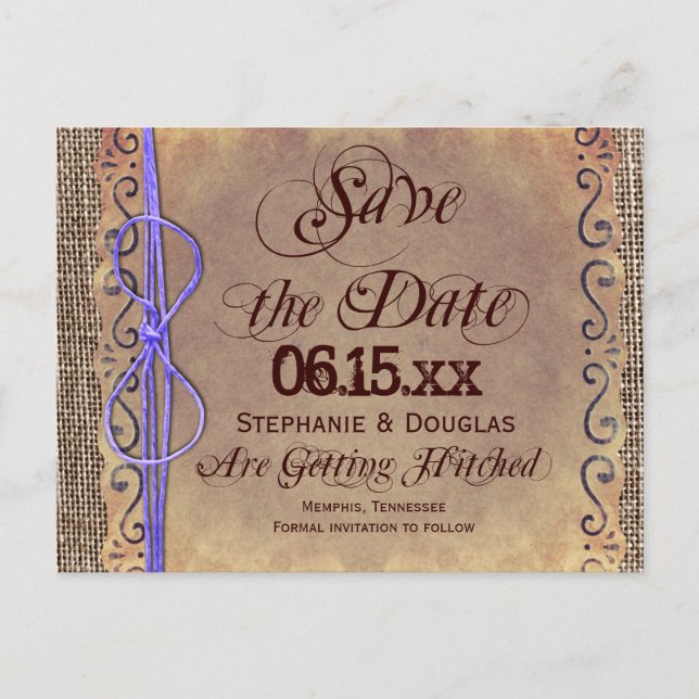 Rustic Vintage Salve a Data Cartões postais Roxo (Frente)