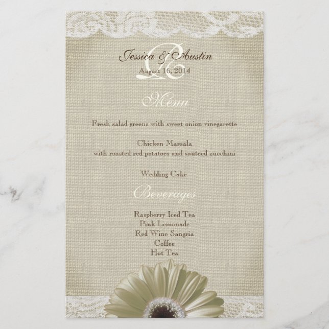 Rustic Vintage White Daisy and Lace Menu (Frente)
