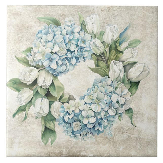 Rustic Watercolor Blue Hydrangea Tulips Wreath (Frente)