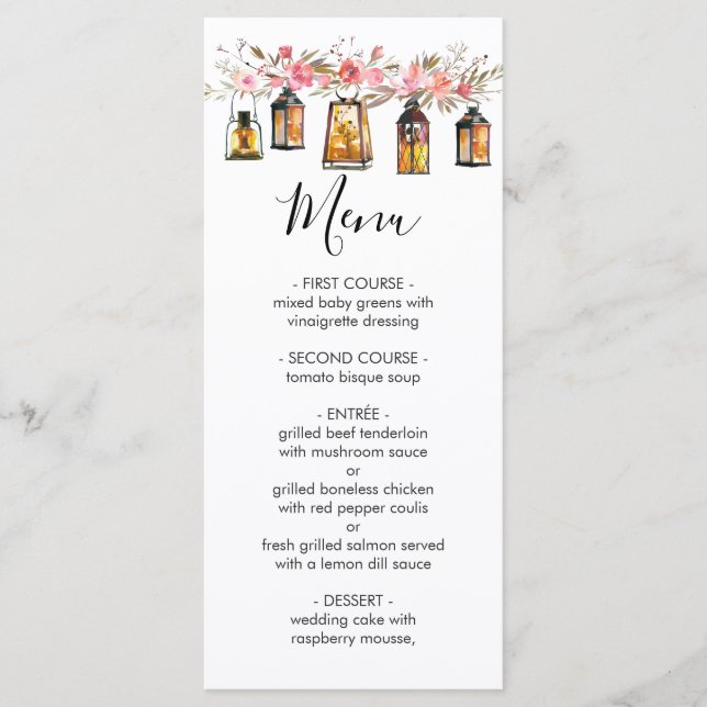 Rustic Watercolor Floral Lantern Wedn Menu (Frente)
