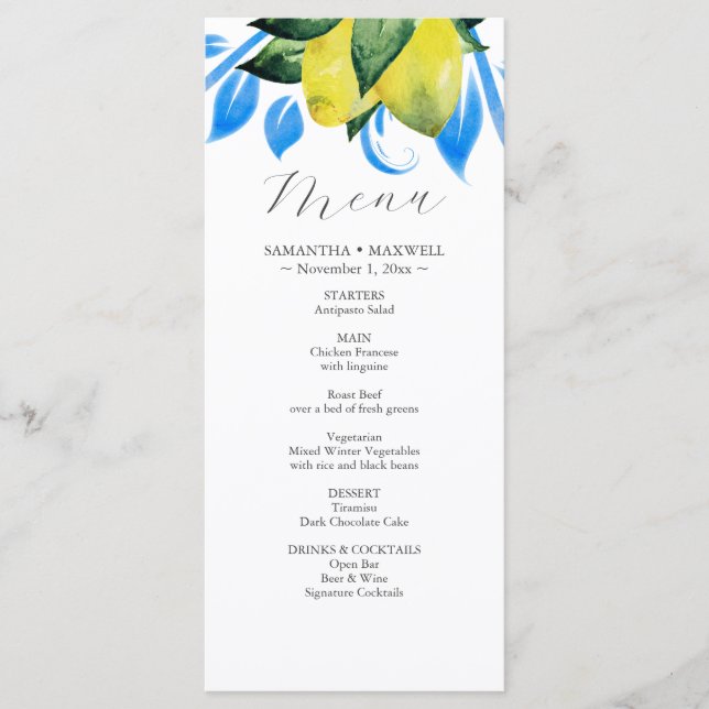 Rustic Watercolor Lemon Branch Casamento Menus (Frente)