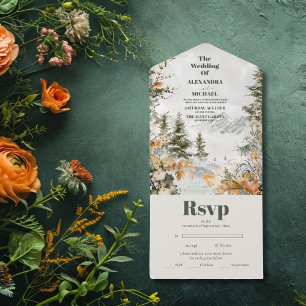 Rustic Watercolor Mounts Pine Casamento no inverno