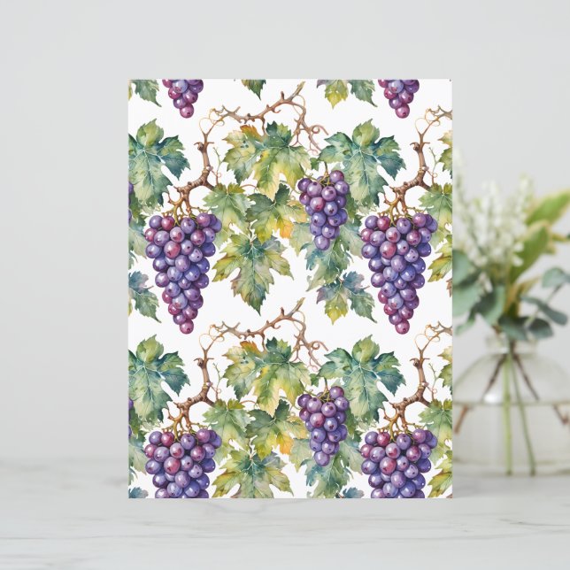 Rustic Watercolor Purple Grapes and Vineyard Paper (Em pé/Frente)