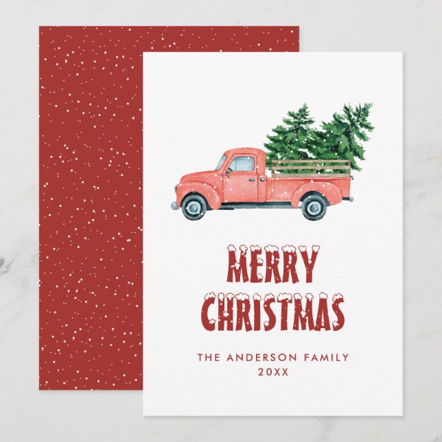Rustic Watercolor Red Truck Cartão de Natal Merry (Frente/Verso)