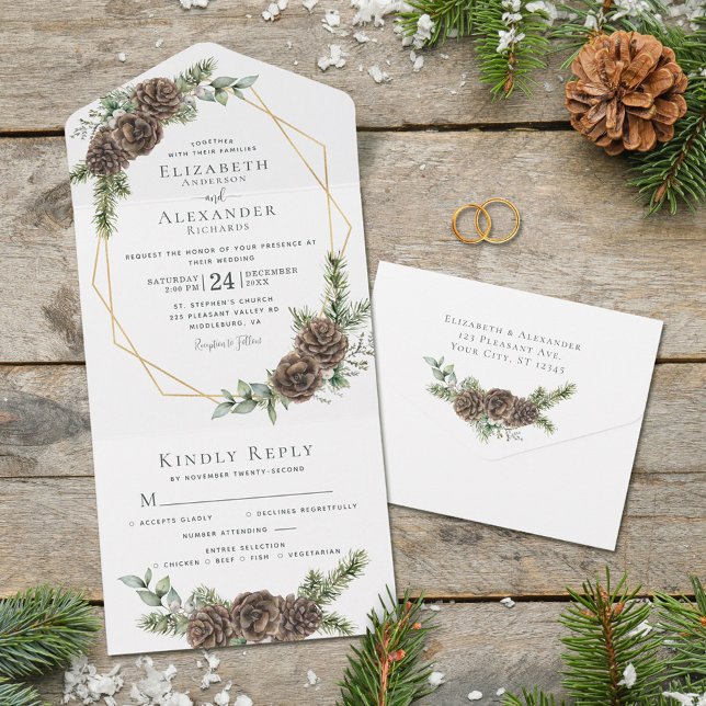 Rustic Watercolor Winter Forest Pine Cone Weding (Criador carregado)