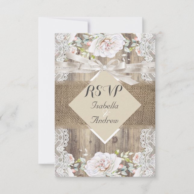 Rustic Wedding Beige White Roses Wood RSVP (Frente)