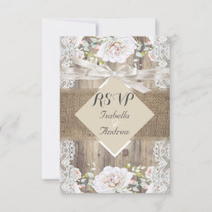 Rustic Wedding Beige White Roses Wood RSVP