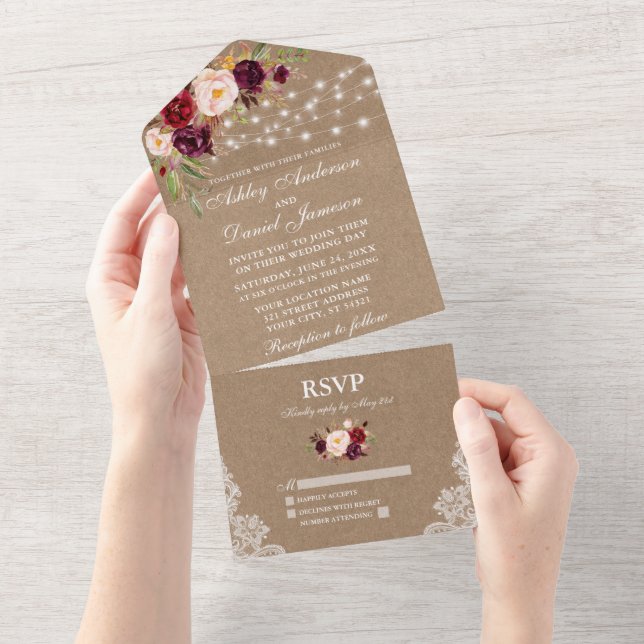 Rustic Wedding Burgundy Floral Lace Kraft (Tearaway)