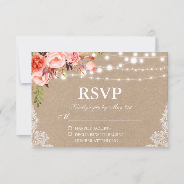 Rustic Wedding Kraft Coral Floral Lights RSVP (Frente)