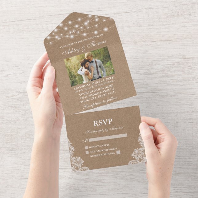 Rustic WedString Luzes Lace Kraft Foto (Tearaway)