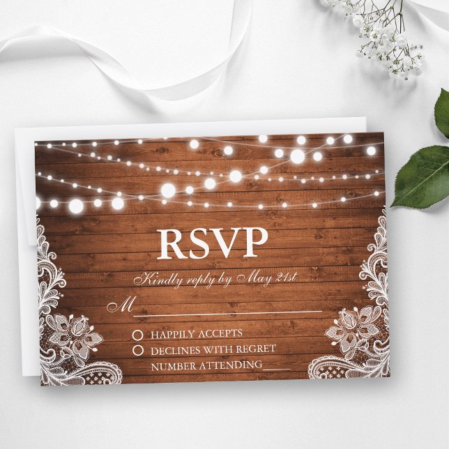 Rustic Wedtic Wood String Lights RSVP (Customize to change text size, text style or to add more text to back of card.)