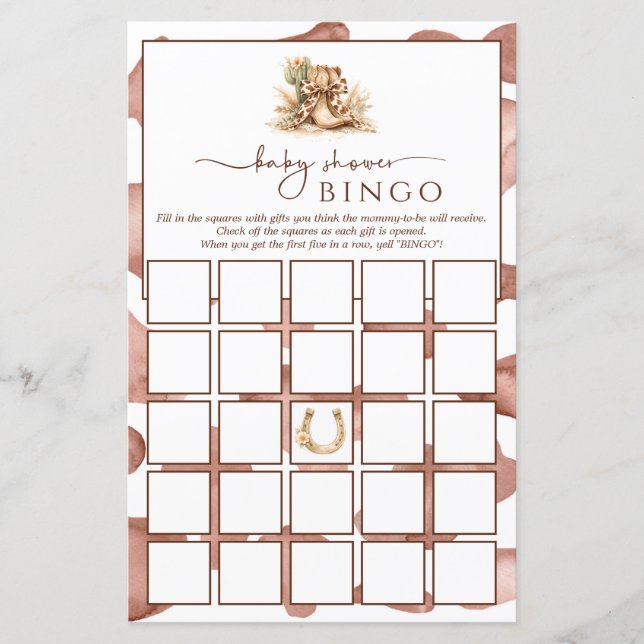 Rustic Western Baby Shower Bingo Activity Game (Frente)