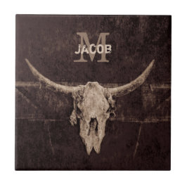 Rustic Western Brown Beige Old Bull Skull Monogram