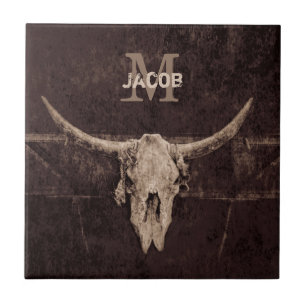 Rustic Western Brown Beige Old Bull Skull Monogram