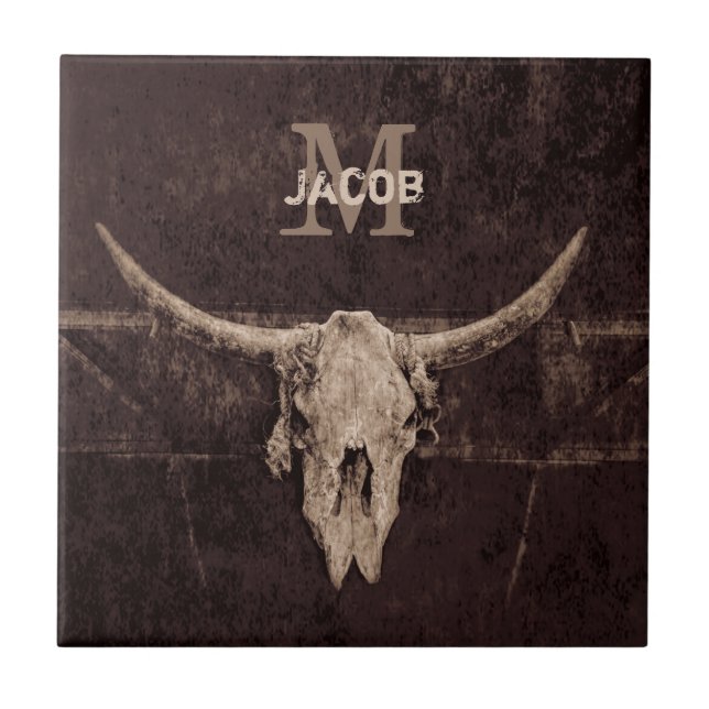 Rustic Western Brown Beige Old Bull Skull Monogram (Frente)