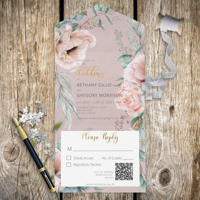 Rustic White & Blush Peonies Pink Código QR Rosa (Criador carregado)