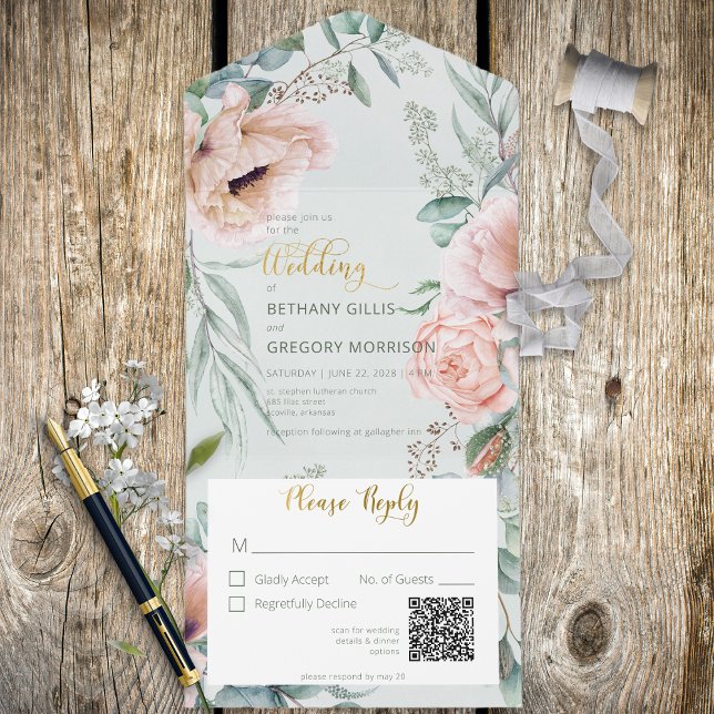 Rustic White & Blush Peonies Sage Green Código QR  (Criador carregado)