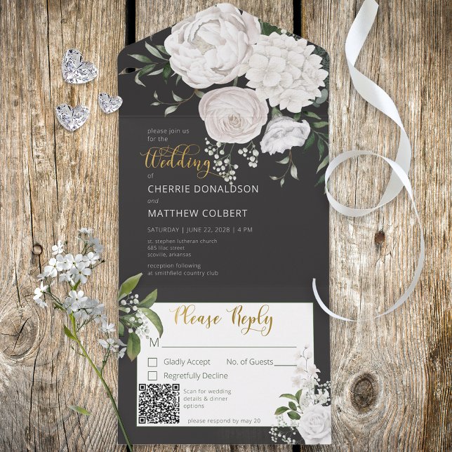 Rustic White Peonies Floral no Código QR Preto (Criador carregado)