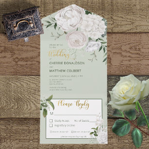 Rustic White Peonies Floral sobre o Janto Sage Gre