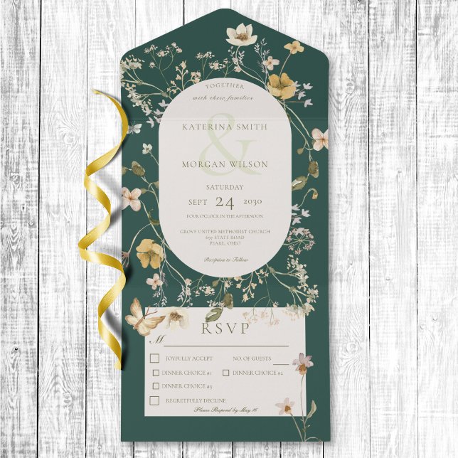 Rustic Wildflower Frame Emerald Green - Três Janta (Rustic Wildflower Frame Emerald Green Three Dinner All In One Invitation)