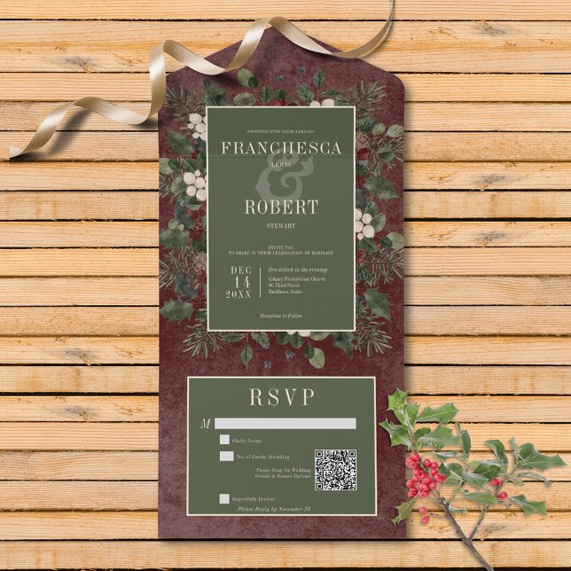 Rustic Winter Berries & Pine Burgundy Código QR (Also available without a QR code; with or without dinner selection options.)