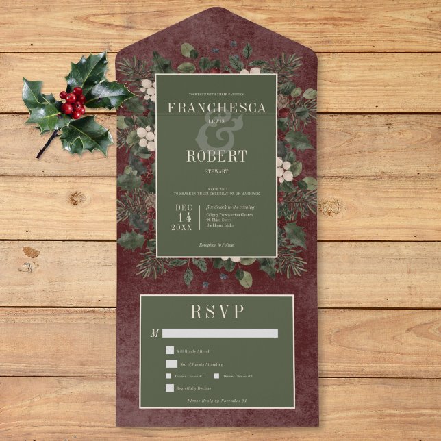 Rustic Winter Berries & Pine Burgundy Dois Janto (Rustic Winter Berries & Pine Burgundy Two Dinner All In One Invitation)