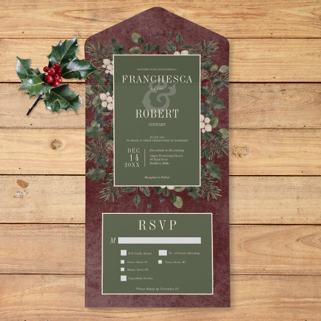 Rustic Winter Berries & Pine Burgundy Três Jantas (Rustic Winter Berries & Pine Burgundy Three Dinner All In One Invitation)