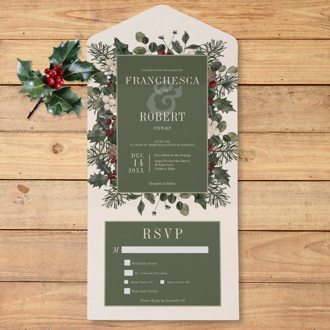 Rustic Winter Berries & Pine Cream Janto Dois (Rustic Winter Berries & Pine Cream Two Dinner All In One Invitation)