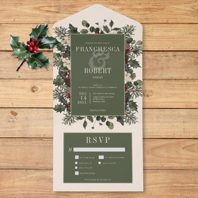 Rustic Winter Berries & Pine Cream Três Jantas (Rustic Winter Berries & Pine Cream Three Dinner All In One Invitation)